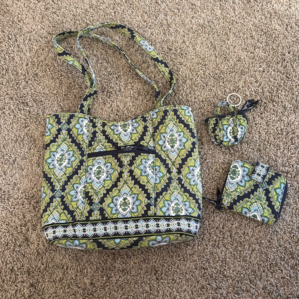Vera Bradley Green and Blue Patterned Med size Tote, Wallet & Keychain